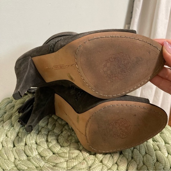 Vince Camuto Astan Charcoal Suede Leather Braided Wrap Tassel Open Toe Booties - Picture 7 of 7